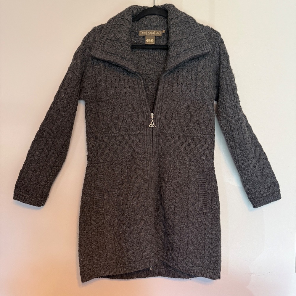 Cozy Inis Crafts Merino Wool Aran Sweater Jacket Chunky‎ Knit Cabin-Core Medium
